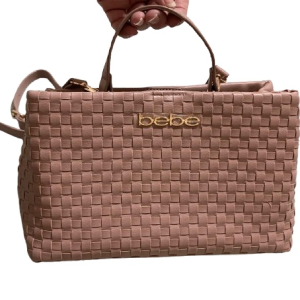 Bebe Woven Pink Satchel with Gold Logo Blush Pink NWT